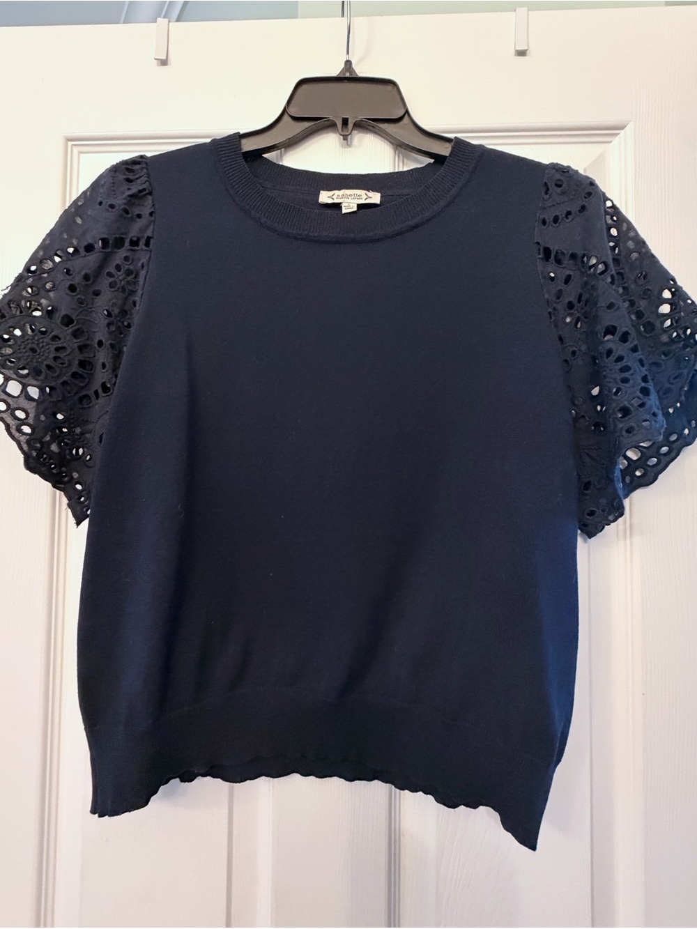 Nanette Lepore Navy Eyelet-Sleeve Knit Top